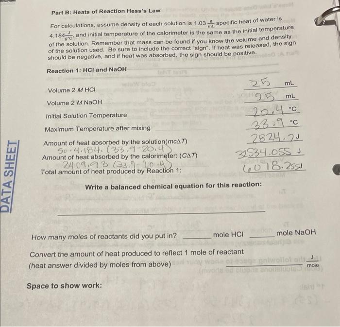 Hess law reaction heats answers additivity experiment lab solved transcribed text show pre